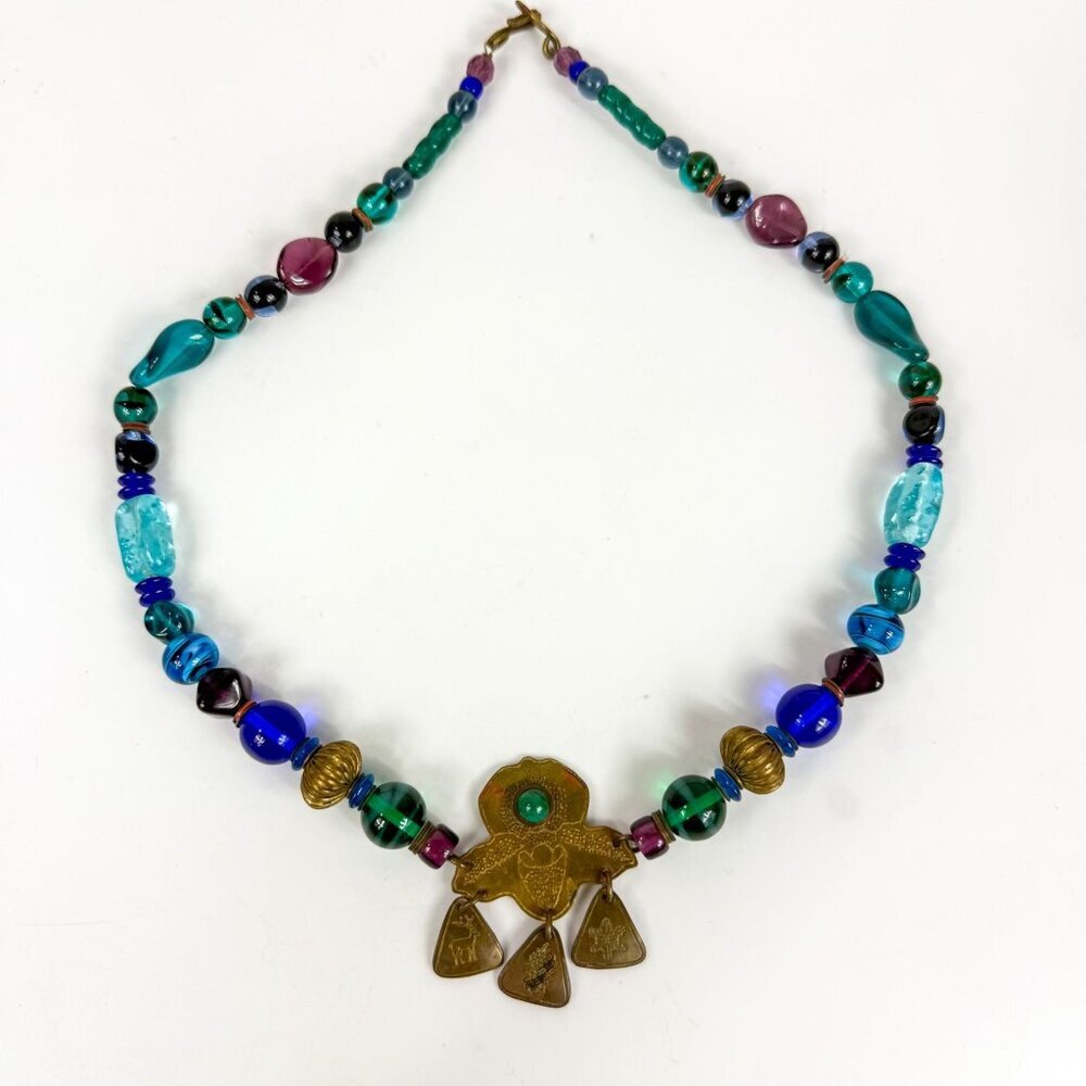 Jeremy Carrie Gicker Multicolor Art Glass Beads Brass Pendant Necklace 1987